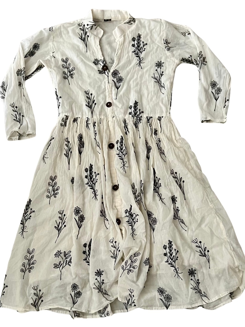 White & Black Botanical Floral Button Front Midi Dress Size M Fits XS - Picture 1 of 6
